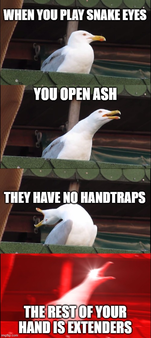 Inhaling Seagull | WHEN YOU PLAY SNAKE EYES; YOU OPEN ASH; THEY HAVE NO HANDTRAPS; THE REST OF YOUR HAND IS EXTENDERS | image tagged in memes,inhaling seagull,yugioh | made w/ Imgflip meme maker