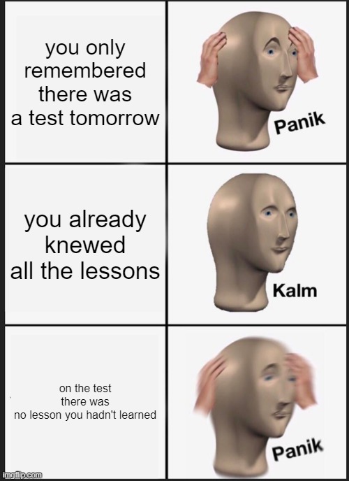 the test incindent | you only remembered there was a test tomorrow; you already knewed all the lessons; on the test there was no lesson you hadn't learned | image tagged in memes,panik kalm panik | made w/ Imgflip meme maker