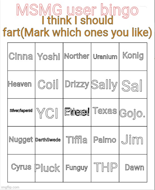 A lot of bingos | I think I should fart(Mark which ones you like); MSMG user bingo; Norther; Yoshi; Konig; Cinna; Uranium; Drizzy; Heaven; Sal; Sally; Coil; Texas; Silver/lapenid; Gojo. Ethan; YCI; Nugget; DarthSwede; Jim; Palmo; Tiffla; Pluck; Dawn; Cyrus; Funguy; THP | image tagged in blank bingo,msmg,memes,bingo | made w/ Imgflip meme maker