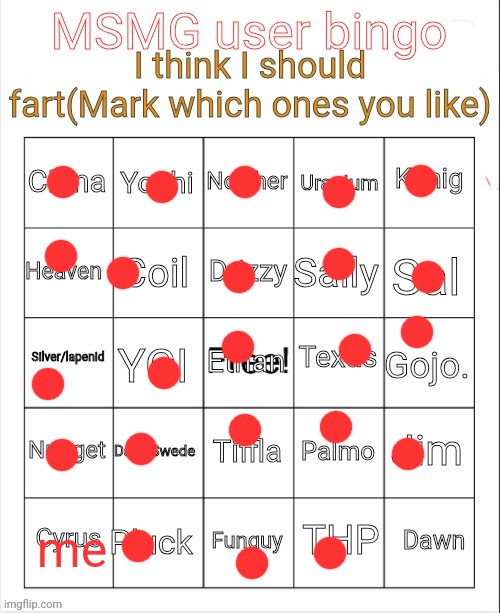 MSMG user bingo | me | image tagged in msmg user bingo | made w/ Imgflip meme maker