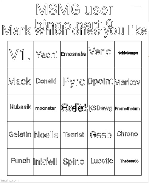 Mixed bingo | Mark which ones you like; MSMG user bingo part 9; Veno; Emosnake; Yachi; NobleRanger; V1. Pyro; Mack; Markov; Dpoint; Donald; OsDe. KSDawg; Nubasik; Prometheium; moonstar; Gelatin; Noelle; Chrono; Geeb; Tsarist; Inkfell; Thebest66; Punch; Spino; Lucotic | image tagged in blank bingo,msmg,bingo,memes | made w/ Imgflip meme maker