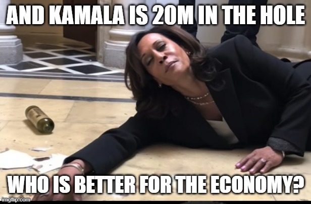 drunk kamala | AND KAMALA IS 20M IN THE HOLE WHO IS BETTER FOR THE ECONOMY? | image tagged in drunk kamala | made w/ Imgflip meme maker