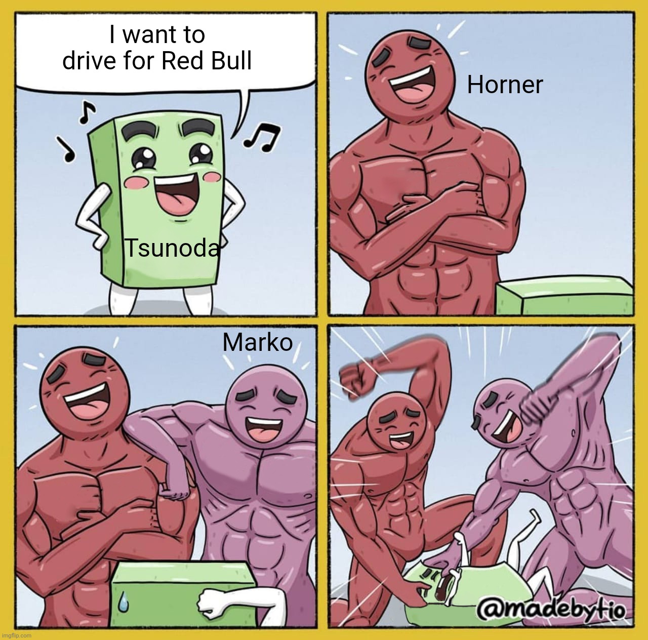 Two strong Guys beating up box | I want to drive for Red Bull; Horner; Tsunoda; Marko | image tagged in two strong guys beating up box,formula 1,japanese,racecar | made w/ Imgflip meme maker