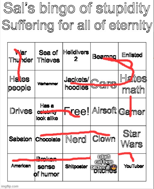 Sal’s bingo | i don't call them bitches🗿😎 | image tagged in sal s bingo | made w/ Imgflip meme maker