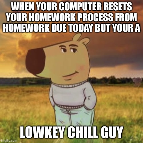 Chill guy | WHEN YOUR COMPUTER RESETS YOUR HOMEWORK PROCESS FROM HOMEWORK DUE TODAY BUT YOUR A; LOWKEY CHILL GUY | image tagged in chill guy | made w/ Imgflip meme maker