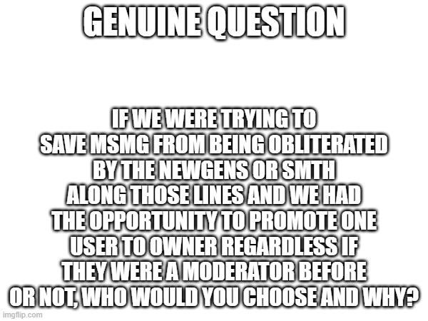 askin the real questions since apparently we got Dawn drama goin on | IF WE WERE TRYING TO SAVE MSMG FROM BEING OBLITERATED BY THE NEWGENS OR SMTH ALONG THOSE LINES AND WE HAD THE OPPORTUNITY TO PROMOTE ONE USER TO OWNER REGARDLESS IF THEY WERE A MODERATOR BEFORE OR NOT, WHO WOULD YOU CHOOSE AND WHY? GENUINE QUESTION | image tagged in e | made w/ Imgflip meme maker