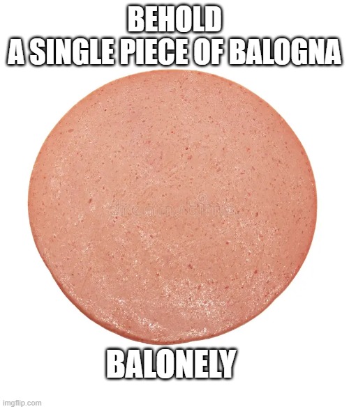 BEHOLD
A SINGLE PIECE OF BALOGNA; BALONELY | image tagged in balonely how sad,pray for balonely | made w/ Imgflip meme maker