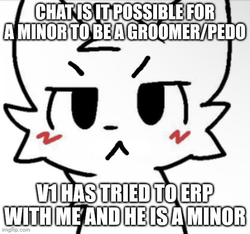 Angry boykisser | CHAT IS IT POSSIBLE FOR A MINOR TO BE A GROOMER/PEDO; V1 HAS TRIED TO ERP WITH ME AND HE IS A MINOR | image tagged in angry boykisser | made w/ Imgflip meme maker