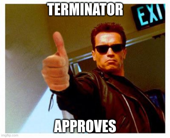 TERMINATOR APPROVES | image tagged in terminator thumbs up | made w/ Imgflip meme maker