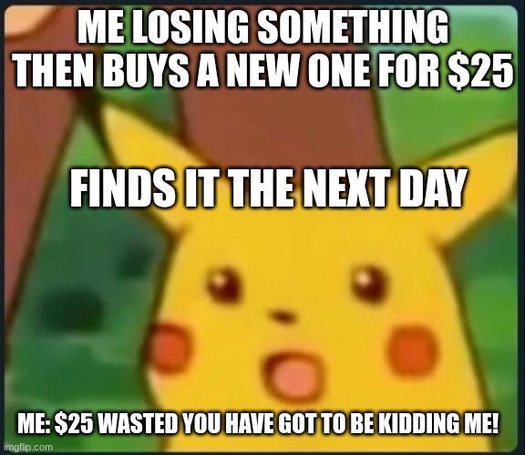 When I lose something be like | ME LOSING SOMETHING THEN BUYS A NEW ONE FOR $25; FINDS IT THE NEXT DAY; ME: $25 WASTED YOU HAVE GOT TO BE KIDDING ME! | image tagged in surprised pikachu | made w/ Imgflip meme maker