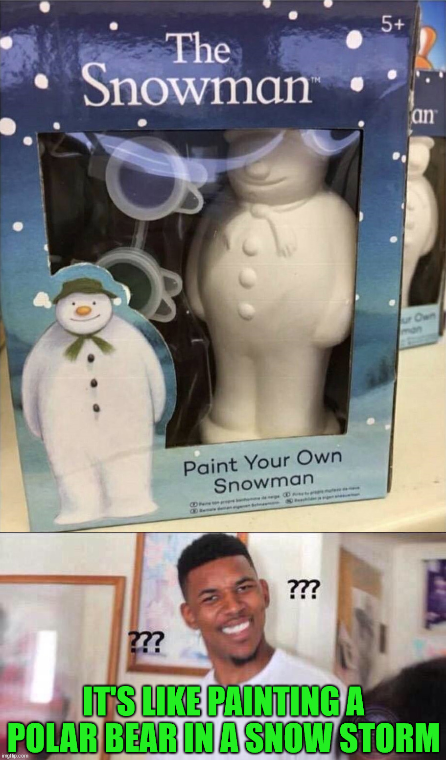 Minimal painting gift | IT'S LIKE PAINTING A POLAR BEAR IN A SNOW STORM | image tagged in black guy confused | made w/ Imgflip meme maker