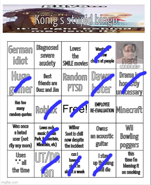 Konig's stupid bingo. | image tagged in konig's stupid bingo,msmg | made w/ Imgflip meme maker