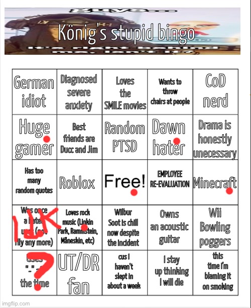 Konig's stupid bingo. | image tagged in konig's stupid bingo | made w/ Imgflip meme maker