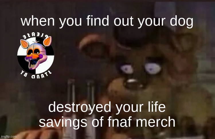 oh shit | when you find out your dog; destroyed your life savings of fnaf merch | image tagged in freddy ptsd | made w/ Imgflip meme maker