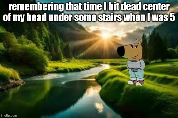 chill guy | remembering that time I hit dead center of my head under some stairs when I was 5 | image tagged in chill guy | made w/ Imgflip meme maker