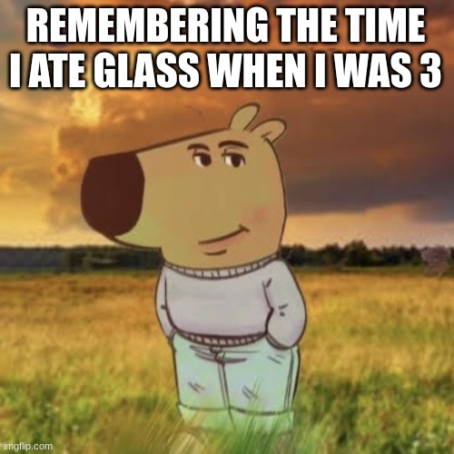 Chill guy | REMEMBERING THE TIME I ATE GLASS WHEN I WAS 3 | image tagged in chill guy | made w/ Imgflip meme maker