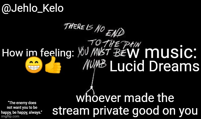 Jehlo Kelo Template | Lucid Dreams; 😁👍; whoever made the stream private good on you | image tagged in jehlo kelo template | made w/ Imgflip meme maker