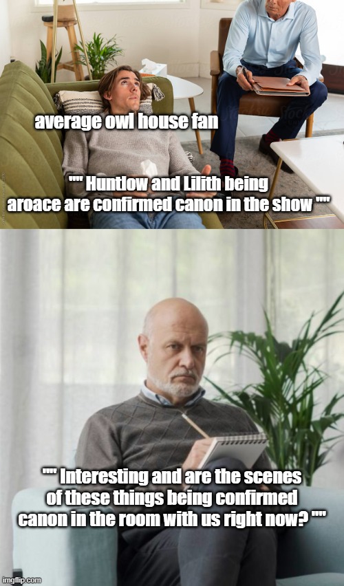 The delusional owl house fandom meme. | average owl house fan; "" Huntlow and Lilith being aroace are confirmed canon in the show ""; "" Interesting and are the scenes of these things being confirmed canon in the room with us right now? "" | image tagged in the owl house memes,toh memes | made w/ Imgflip meme maker