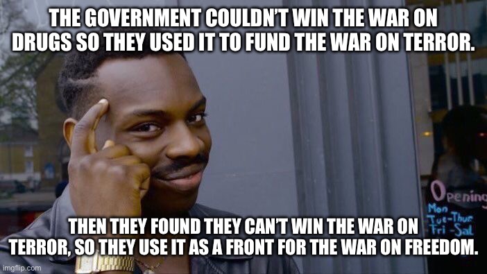 Roll Safe Think About It | THE GOVERNMENT COULDN’T WIN THE WAR ON DRUGS SO THEY USED IT TO FUND THE WAR ON TERROR. THEN THEY FOUND THEY CAN’T WIN THE WAR ON TERROR, SO THEY USE IT AS A FRONT FOR THE WAR ON FREEDOM. | image tagged in memes,roll safe think about it | made w/ Imgflip meme maker