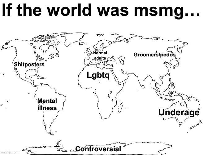 Where would you be from? | If the world was msmg…; Groomers/pedos; Shitposters; Normal adults; Lgbtq; Mental illness; Underage; Controversial | image tagged in world map blank,msmg | made w/ Imgflip meme maker