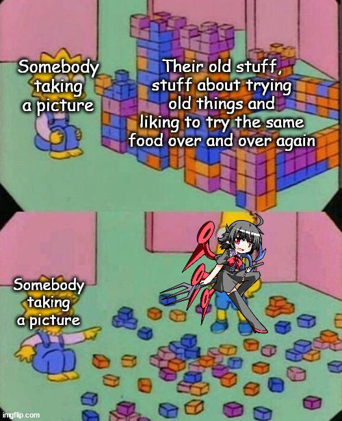 Oh, the punnery. | Their old stuff, stuff about trying old things and liking to try the same food over and over again; Somebody taking a picture; Somebody taking a picture | image tagged in lisa block tower,touhou | made w/ Imgflip meme maker