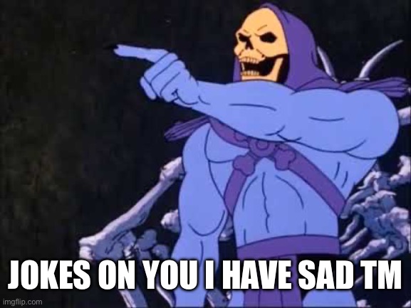 Skeletor | JOKES ON YOU I HAVE SAD TM | image tagged in skeletor | made w/ Imgflip meme maker