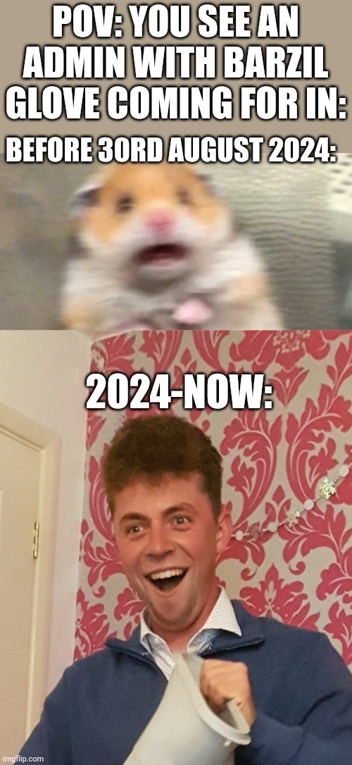 POV: YOU SEE AN ADMIN WITH BARZIL GLOVE COMING FOR IN:; BEFORE 30RD AUGUST 2024:; 2024-NOW: | image tagged in screaming hampster,smiling weirdo | made w/ Imgflip meme maker