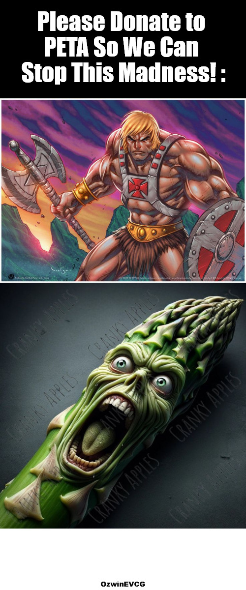 People for Eyerolls Toward Artichokes Also | Please Donate to 

PETA So We Can 

Stop This Madness! :; OzwinEVCG | image tagged in he-man,screaming,veggies,meat,peta,donations | made w/ Imgflip meme maker