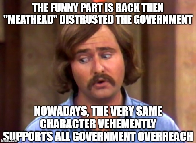 meathead | THE FUNNY PART IS BACK THEN "MEATHEAD" DISTRUSTED THE GOVERNMENT NOWADAYS, THE VERY SAME CHARACTER VEHEMENTLY SUPPORTS ALL GOVERNMENT OVERRE | image tagged in meathead | made w/ Imgflip meme maker