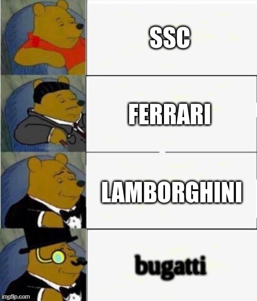 Tuxedo Winnie the Pooh 4 panel | SSC; FERRARI; LAMBORGHINI; bugatti | image tagged in tuxedo winnie the pooh 4 panel | made w/ Imgflip meme maker