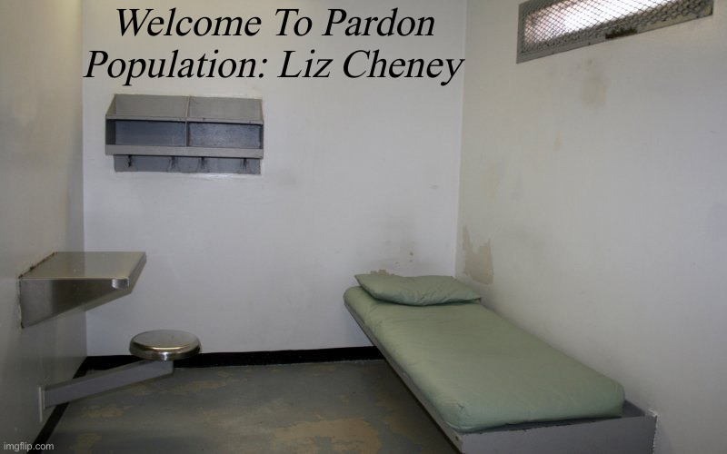 New Digs For Liz | Welcome To Pardon
Population: Liz Cheney | image tagged in prison cell inside,politics,political meme,funny memes,funny,liz cheney | made w/ Imgflip meme maker