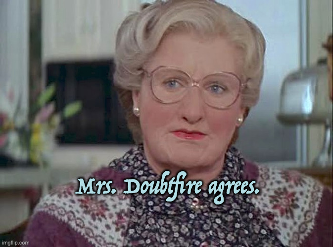 Mrs. Doubtfire agrees. | image tagged in mrs doubtfire | made w/ Imgflip meme maker