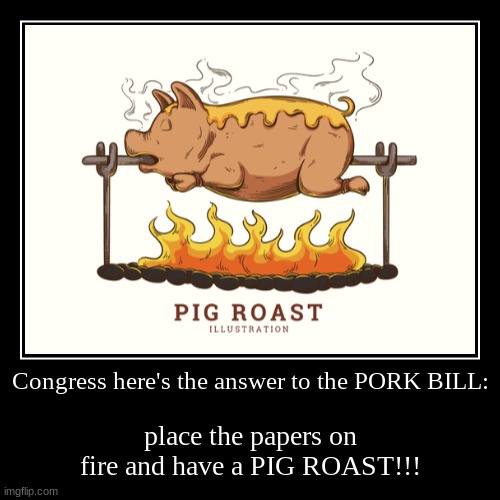 Have a PIG Roast!!! | Congress here's the answer to the PORK BILL: | place the papers on fire and have a PIG ROAST!!! | image tagged in funny,demotivationals | made w/ Imgflip demotivational maker