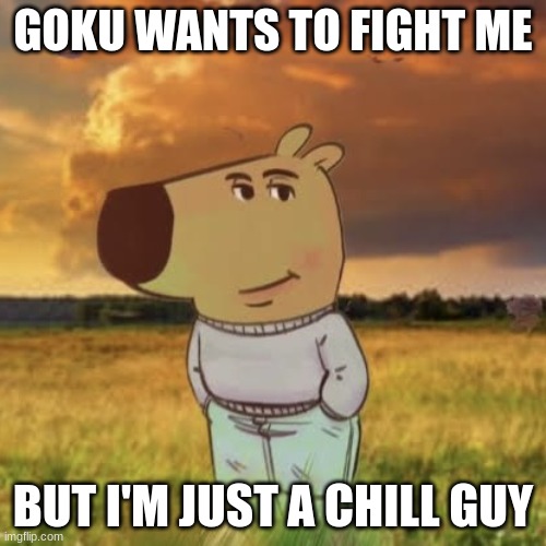 Chill guy | GOKU WANTS TO FIGHT ME; BUT I'M JUST A CHILL GUY | image tagged in chill guy | made w/ Imgflip meme maker