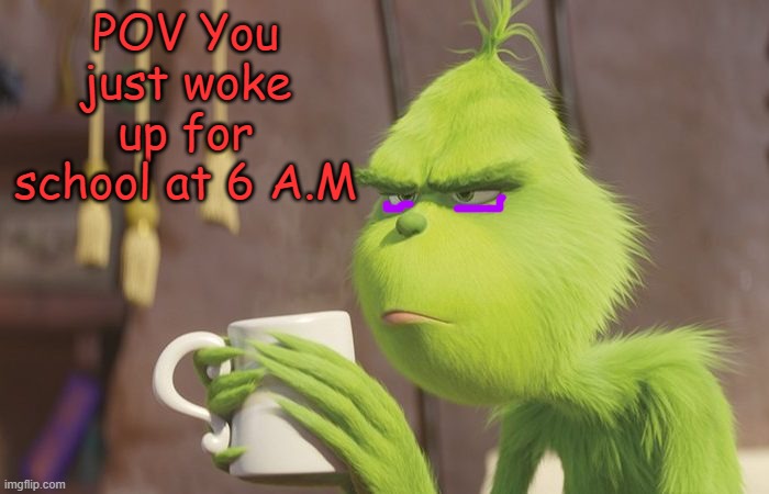 I did it at 5 A.M. Sleep is nonexistent now | POV You just woke up for school at 6 A.M | image tagged in grinch coffee | made w/ Imgflip meme maker