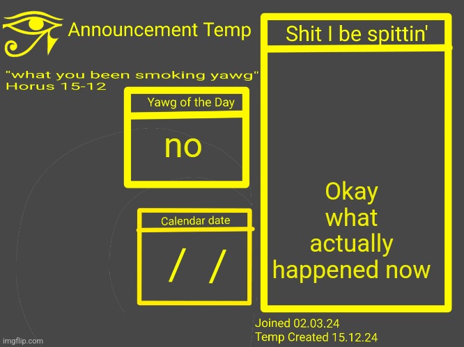 Horus Announcement Temp 2.0 | Okay what actually happened now; no | image tagged in horus announcement temp 2 0 | made w/ Imgflip meme maker