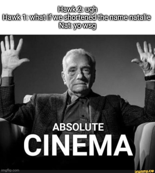 Absolute Cinema | Hawk 2: ugh
Hawk 1: what if we shortened the name natalie 
Nat: yo wsg | image tagged in absolute cinema | made w/ Imgflip meme maker