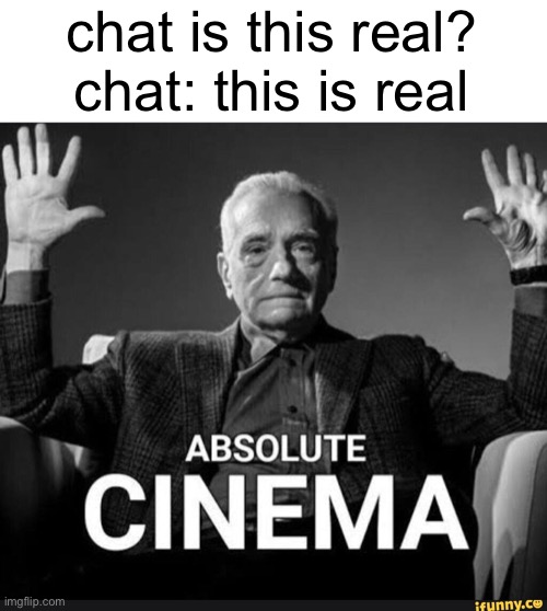 before ban: | chat is this real?
chat: this is real | image tagged in absolute cinema,chat | made w/ Imgflip meme maker