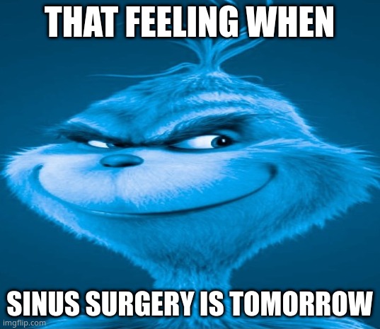 yeah,tomorrow's the day. | THAT FEELING WHEN; SINUS SURGERY IS TOMORROW | image tagged in blue grinch | made w/ Imgflip meme maker