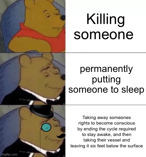 Fancy pooh | Killing someone permanently putting someone to sleep Taking away someones rights to become conscious by ending the cycle required to stay aw | image tagged in fancy pooh | made w/ Imgflip meme maker