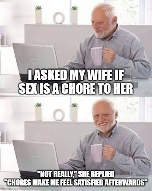 Sex is a Chore | I ASKED MY WIFE IF SEX IS A CHORE TO HER; ''NOT REALLY,'' SHE REPLIED "CHORES MAKE ME FEEL SATISFIED AFTERWARDS" | image tagged in memes,hide the pain harold | made w/ Imgflip meme maker