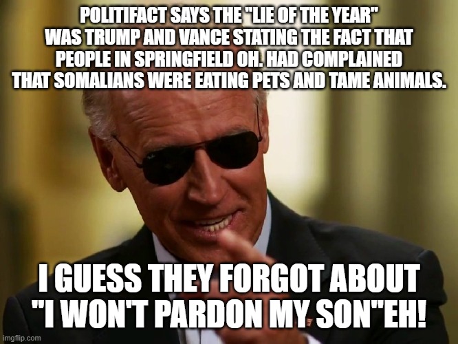 It seems facts ain't really fact | POLITIFACT SAYS THE "LIE OF THE YEAR" WAS TRUMP AND VANCE STATING THE FACT THAT PEOPLE IN SPRINGFIELD OH. HAD COMPLAINED THAT SOMALIANS WERE EATING PETS AND TAME ANIMALS. I GUESS THEY FORGOT ABOUT "I WON'T PARDON MY SON"EH! | image tagged in cool joe biden | made w/ Imgflip meme maker