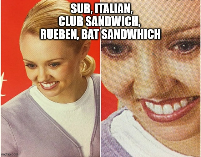 not covid inspired | SUB, ITALIAN, CLUB SANDWICH, 
RUEBEN, BAT SANDWHICH | image tagged in wait what | made w/ Imgflip meme maker