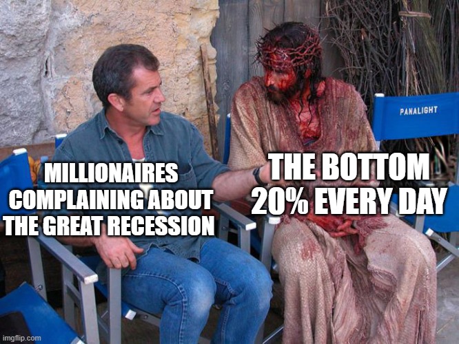 The irony | THE BOTTOM 20% EVERY DAY; MILLIONAIRES COMPLAINING ABOUT THE GREAT RECESSION | image tagged in mel gibson and jesus christ,money,funny,fun,memes | made w/ Imgflip meme maker