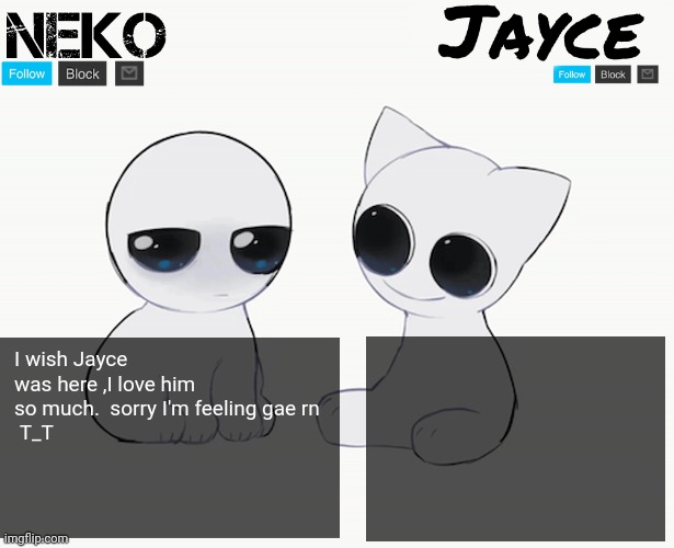 Neko and Jayce shared temp | I wish Jayce was here ,I love him so much.  sorry I'm feeling gae rn
 T_T | image tagged in neko and jayce shared temp | made w/ Imgflip meme maker