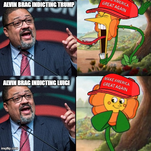 MAGA indictment reactions are so varied! | ALVIN BRAG INDICTING TRUMP; ALVIN BRAG INDICTING LUIGI | image tagged in cuphead flower,the adjuster,luigi mangioni,ceo | made w/ Imgflip meme maker