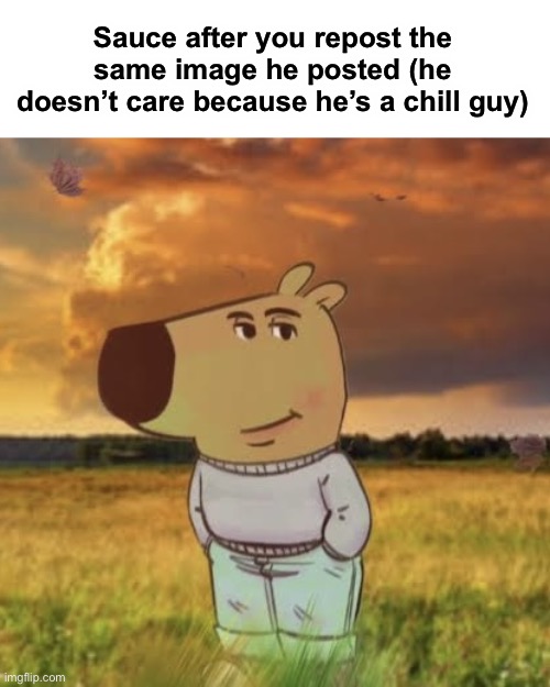 Sauce | Sauce after you repost the same image he posted (he doesn’t care because he’s a chill guy) | image tagged in chill guy | made w/ Imgflip meme maker