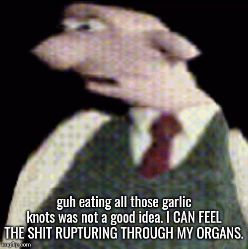 whauhauhauhhgajrheha7hahhuh.??. | guh eating all those garlic knots was not a good idea. I CAN FEEL THE SHIT RUPTURING THROUGH MY ORGANS. | image tagged in whauhauhauhhgajrheha7hahhuh | made w/ Imgflip meme maker