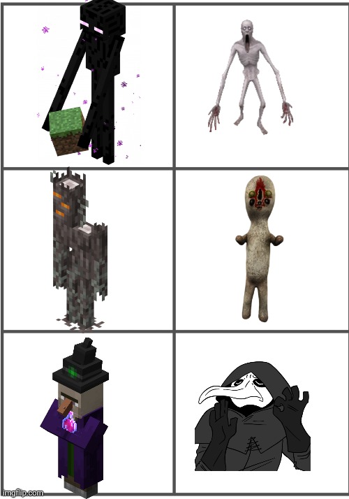 SCPs and their Minecraft counterparts | image tagged in blank comic panel 2x3 | made w/ Imgflip meme maker