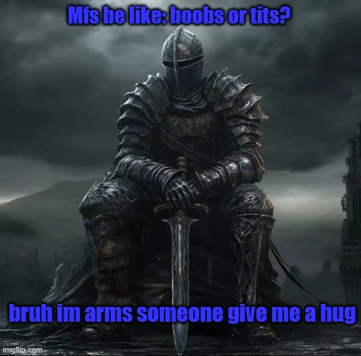 so true tho frick | Mfs be like: boobs or tits? bruh im arms someone give me a hug | image tagged in dark souls sad,sad,dark souls,so true,knight,hugs | made w/ Imgflip meme maker